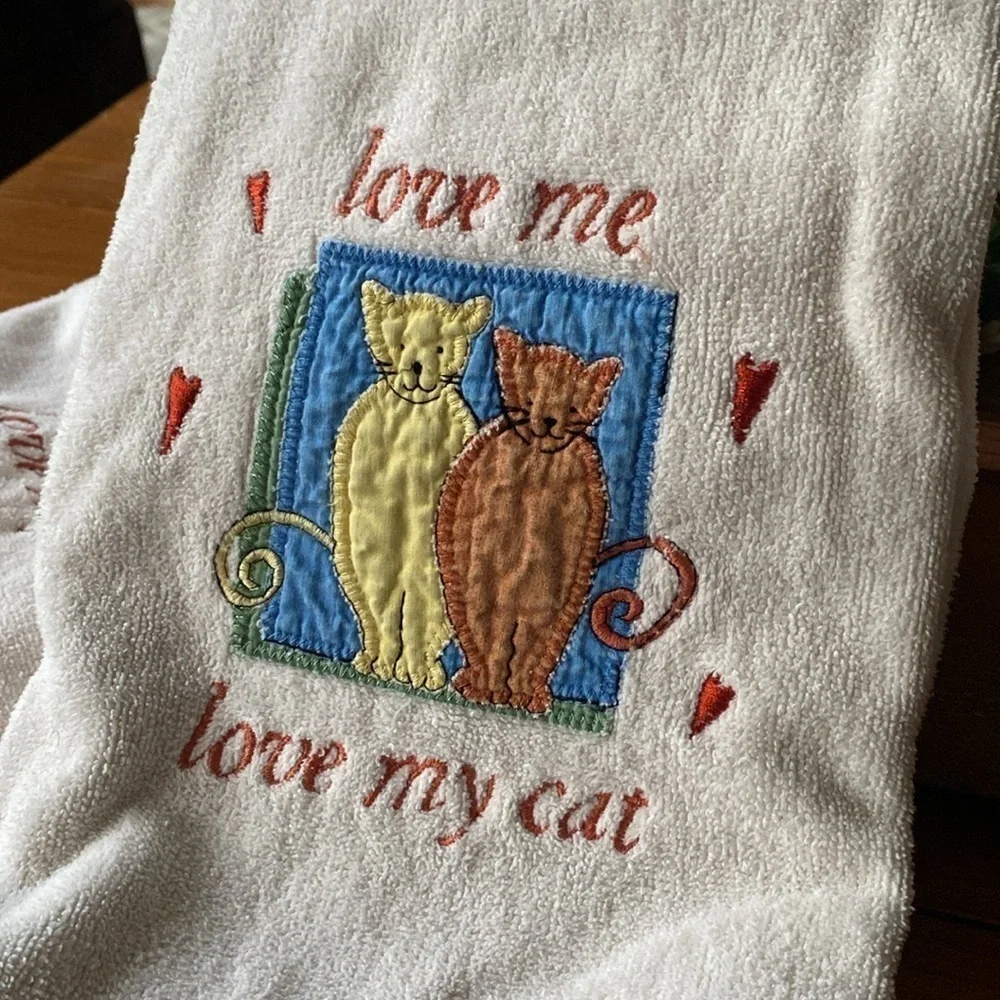 Velour Cream Bath Towels with Embroidered Cats “love me. love my cat - Vintage